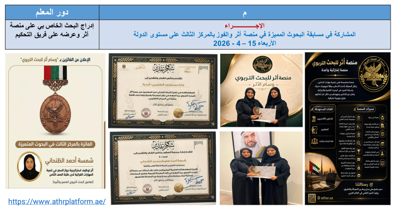 المركز الثالث على مستوى الدولة في منصة أثر للبحث التربوي